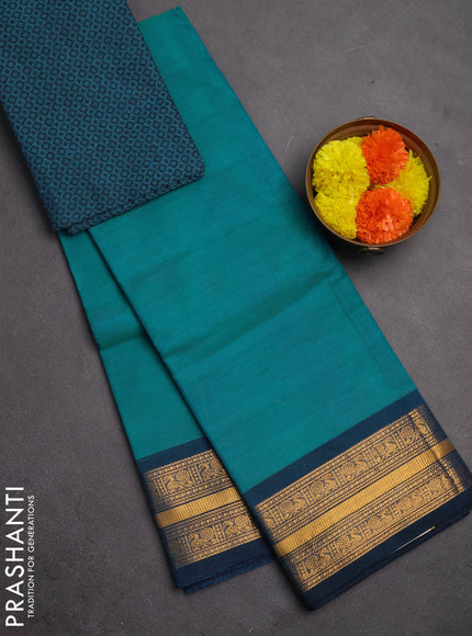 Chettinad cotton saree teal blue and peacock blue with plain body and zari woven border