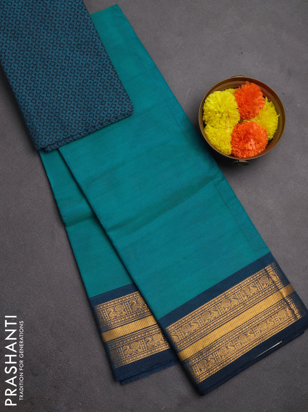 Chettinad cotton saree teal blue and peacock blue with plain body and zari woven border