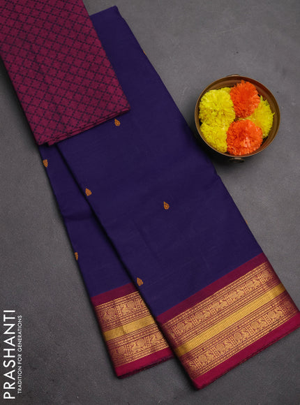 Chettinad cotton saree blue and magenta pink with thread woven buttas and zari woven border