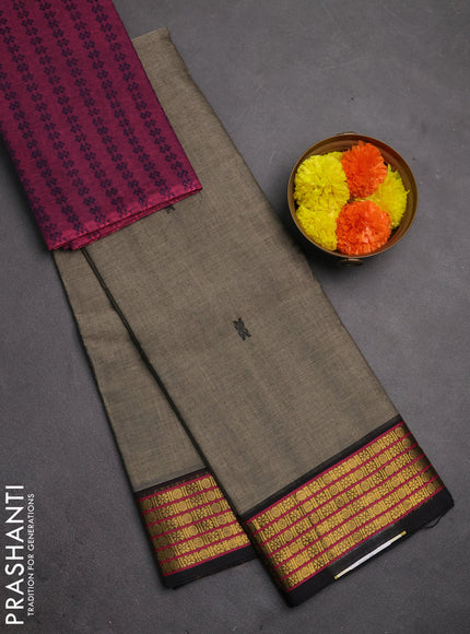 Chettinad cotton saree grey shade and black magenta pink with thread woven buttas and zari woven border