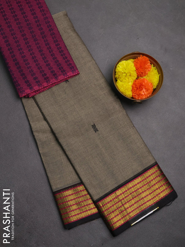 Chettinad cotton saree grey shade and black magenta pink with thread woven buttas and zari woven border