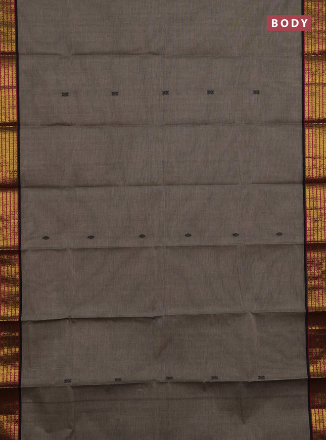 Chettinad cotton saree grey shade and black magenta pink with thread woven buttas and zari woven border