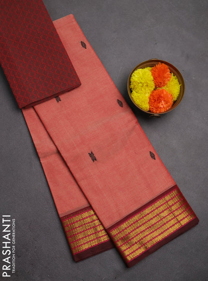Chettinad cotton saree rust shade and deep maroon with thread woven buttas and zari woven border