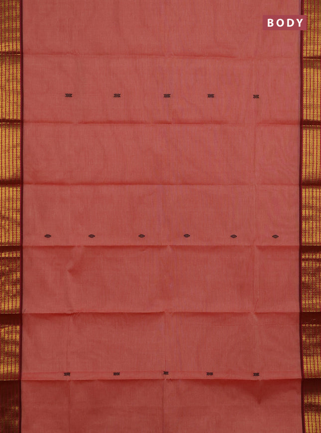 Chettinad cotton saree rust shade and deep maroon with thread woven buttas and zari woven border