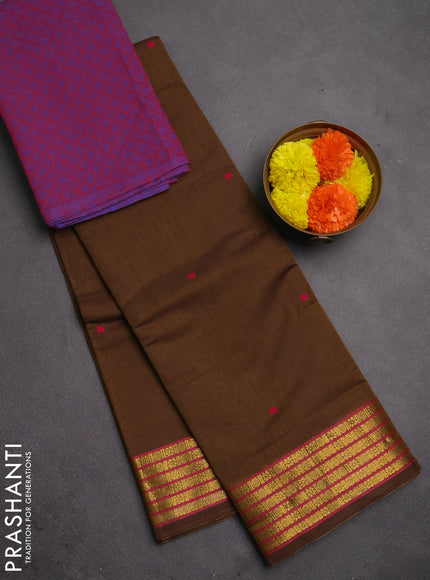 Chettinad cotton saree dark mustard and dual shade of purple with thread woven buttas and zari woven border