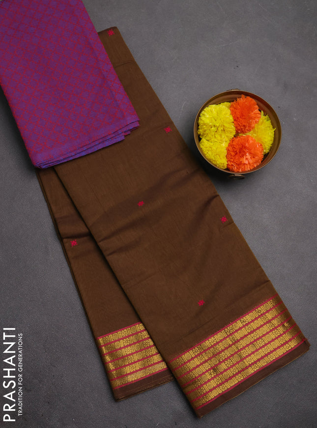 Chettinad cotton saree dark mustard and dual shade of purple with thread woven buttas and zari woven border
