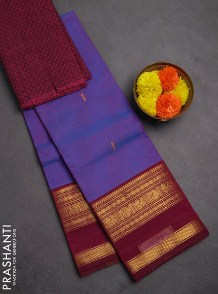 Chettinad cotton saree dual shade of blue and dark magenta pink with thread woven buttas and rettapet zari woven border
