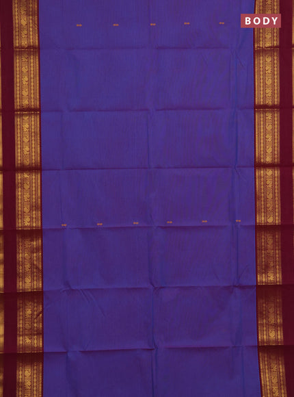Chettinad cotton saree dual shade of blue and dark magenta pink with thread woven buttas and rettapet zari woven border