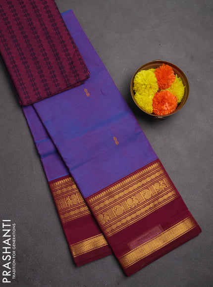 Chettinad cotton saree dual shade of blue and dark magenta pink with thread woven buttas and rettapet zari woven border