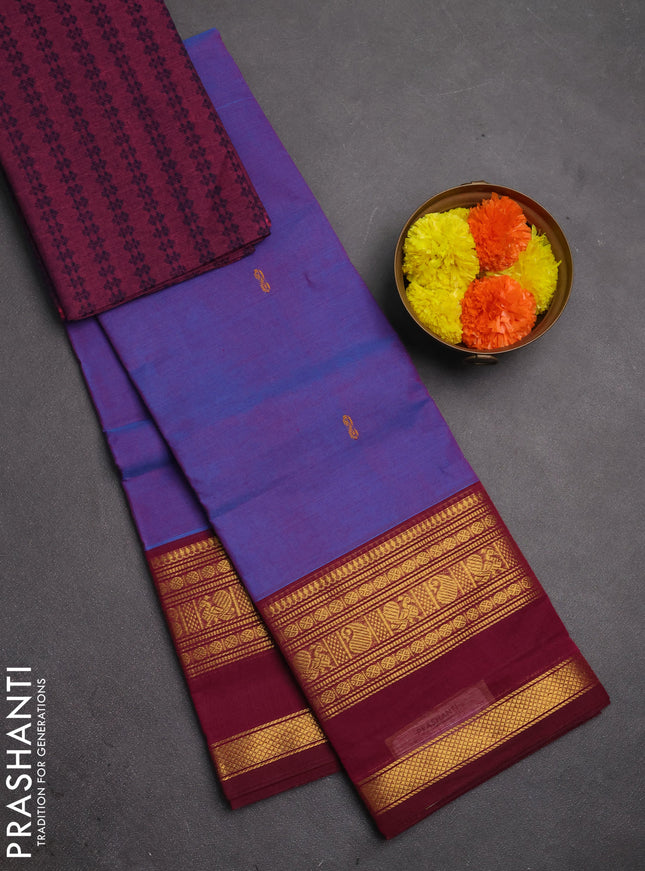 Chettinad cotton saree dual shade of blue and dark magenta pink with thread woven buttas and rettapet zari woven border