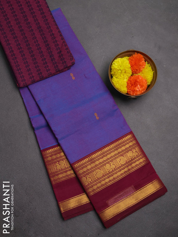 Chettinad cotton saree dual shade of blue and dark magenta pink with thread woven buttas and rettapet zari woven border
