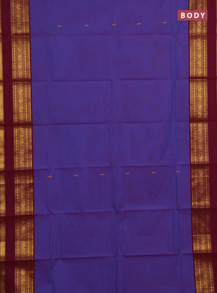 Chettinad cotton saree dual shade of blue and dark magenta pink with thread woven buttas and rettapet zari woven border