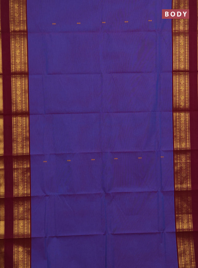 Chettinad cotton saree dual shade of blue and dark magenta pink with thread woven buttas and rettapet zari woven border