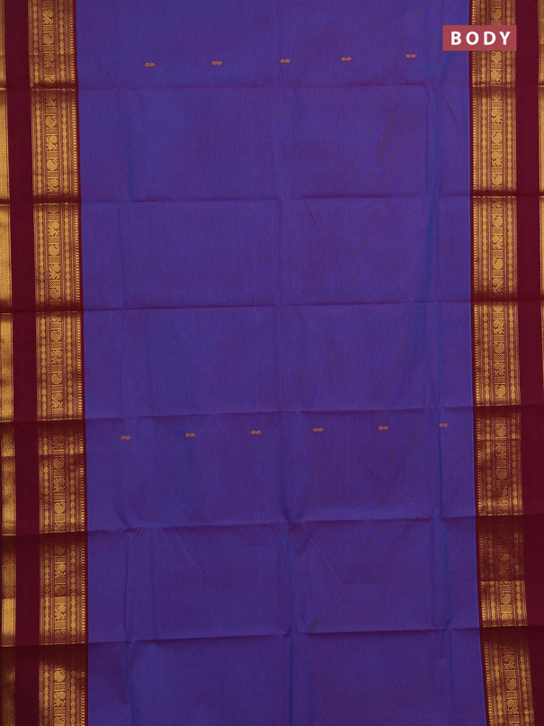 Chettinad cotton saree dual shade of blue and dark magenta pink with thread woven buttas and rettapet zari woven border