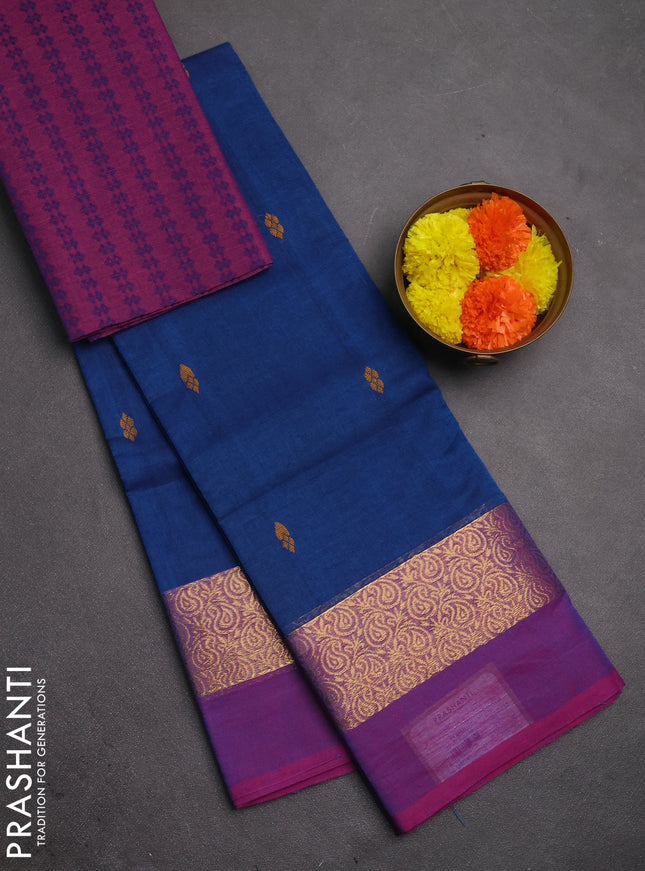 Chettinad cotton saree peacock blue and purple with thread woven buttas and zari woven simple border