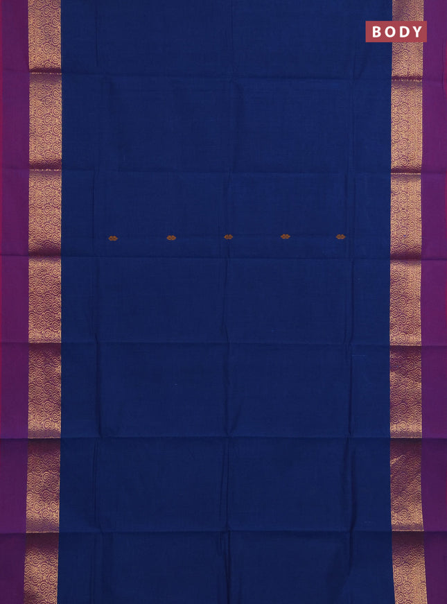 Chettinad cotton saree peacock blue and purple with thread woven buttas and zari woven simple border