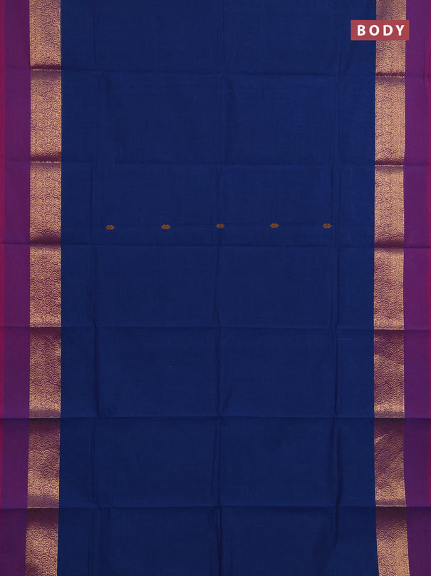 Chettinad cotton saree peacock blue and purple with thread woven buttas and zari woven simple border