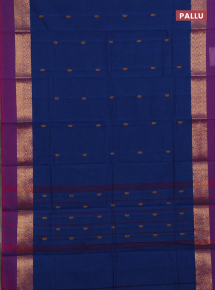 Chettinad cotton saree peacock blue and purple with thread woven buttas and zari woven simple border