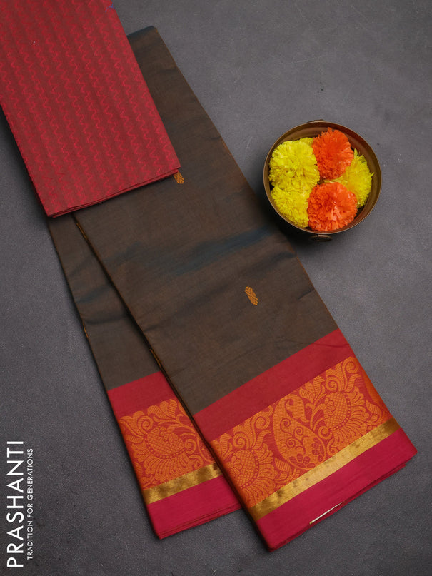 Chettinad cotton saree dual shade of bluish rust and pink with thread woven buttas and thread & zari woven border