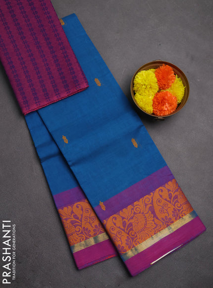 Chettinad cotton saree cs blue and purple with thread woven buttas and thread & zari woven border
