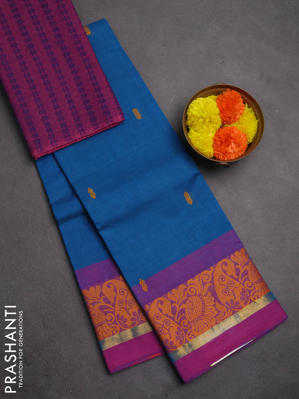 Chettinad cotton saree cs blue and purple with thread woven buttas and thread & zari woven border