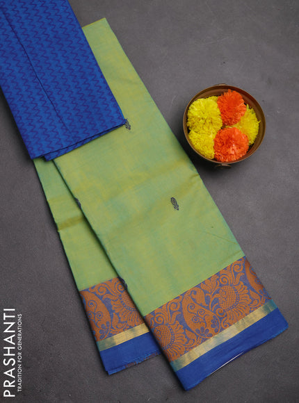Chettinad cotton saree pista green and blue with thread woven buttas and thread & zari woven border