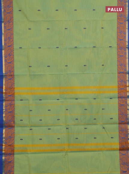 Chettinad cotton saree pista green and blue with thread woven buttas and thread & zari woven border