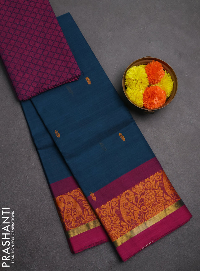 Chettinad cotton saree peacock green and magenta pink with thread woven buttas and thread & zari woven border