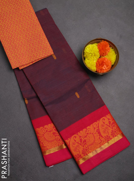 Chettinad cotton saree dual shade of wine and pink yellow with thread woven buttas and thread & zari woven border