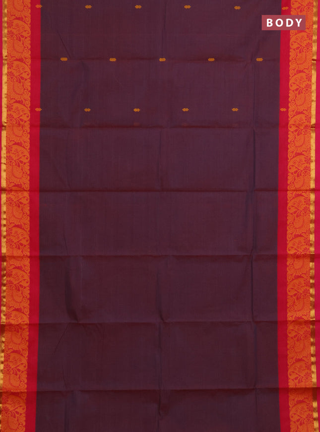 Chettinad cotton saree dual shade of wine and pink yellow with thread woven buttas and thread & zari woven border