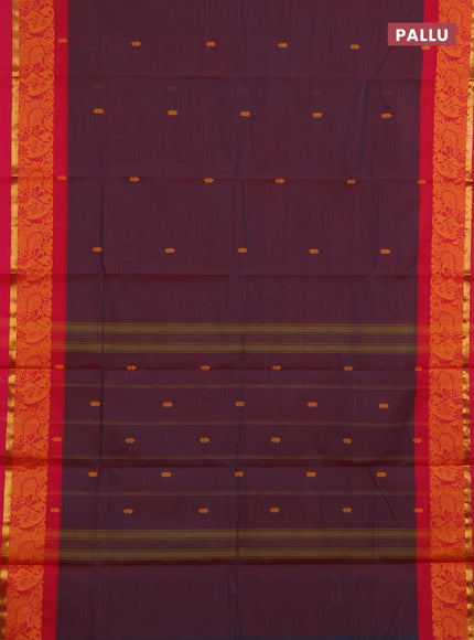 Chettinad cotton saree dual shade of wine and pink yellow with thread woven buttas and thread & zari woven border