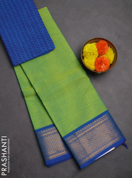 Chettinad cotton saree light green and blue with plain body and zari woven border