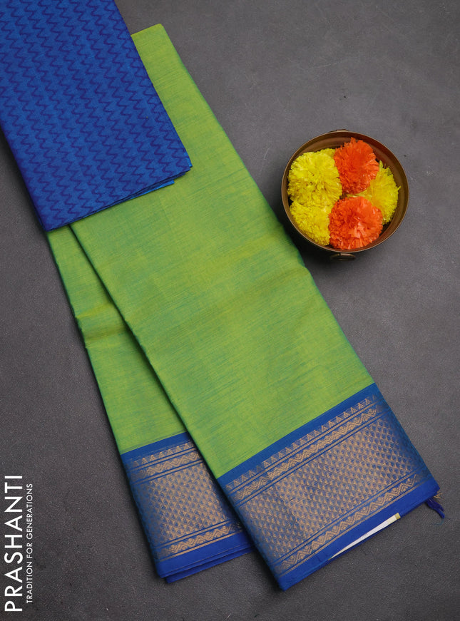 Chettinad cotton saree light green and blue with plain body and zari woven border