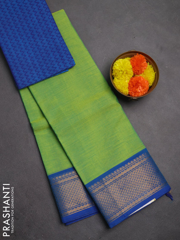 Chettinad cotton saree light green and blue with plain body and zari woven border