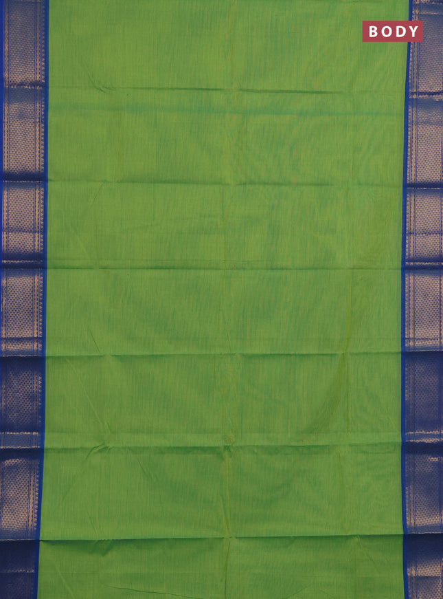 Chettinad cotton saree light green and blue with plain body and zari woven border
