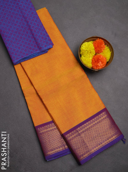 Chettinad cotton saree mustard yellow and dual shade of purple with plain body and zari woven border