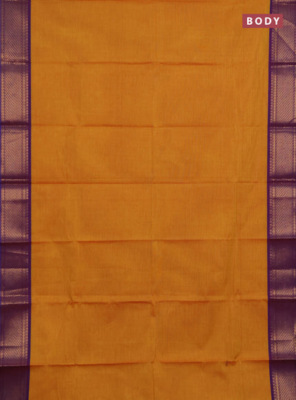Chettinad cotton saree mustard yellow and dual shade of purple with plain body and zari woven border