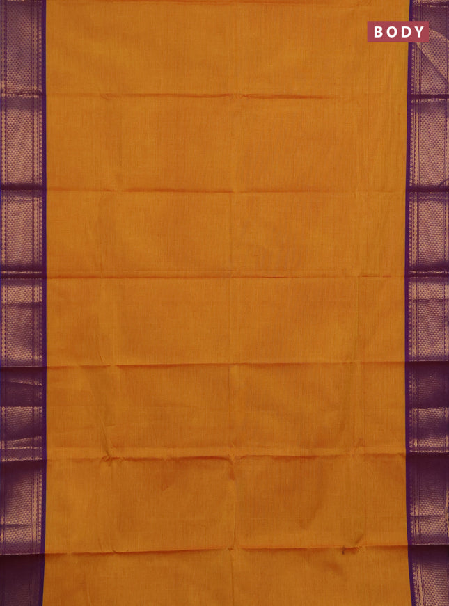 Chettinad cotton saree mustard yellow and dual shade of purple with plain body and zari woven border