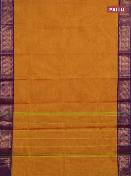 Chettinad cotton saree mustard yellow and dual shade of purple with plain body and zari woven border