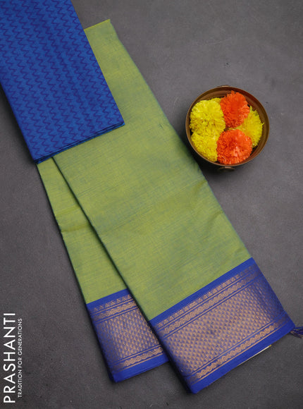 Chettinad cotton saree dual shade of pista green and blue with plain body and zari woven border