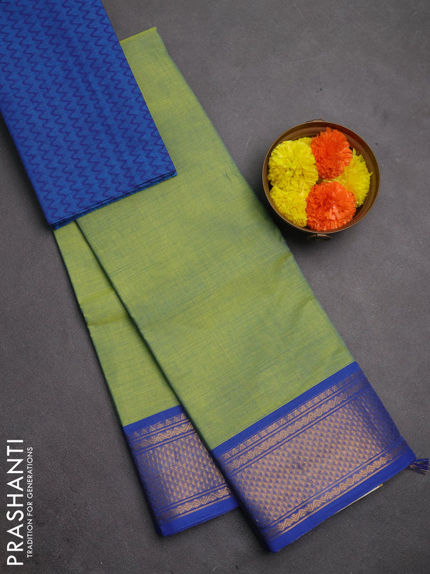 Chettinad cotton saree dual shade of pista green and blue with plain body and zari woven border