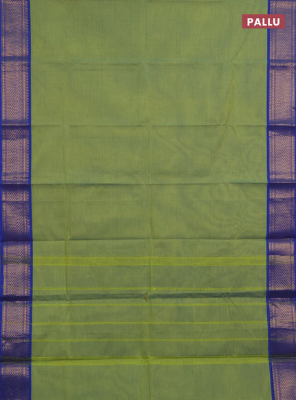 Chettinad cotton saree dual shade of pista green and blue with plain body and zari woven border