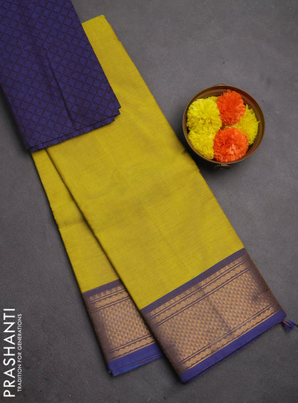 Chettinad cotton saree lime yellow and blue with plain body and zari woven border