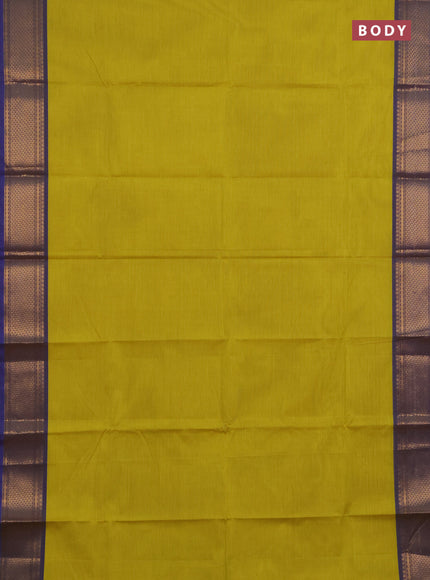 Chettinad cotton saree lime yellow and blue with plain body and zari woven border