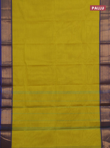 Chettinad cotton saree lime yellow and blue with plain body and zari woven border