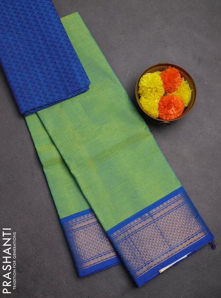 Chettinad cotton saree dual shade of light green and blue with plain body and zari woven border