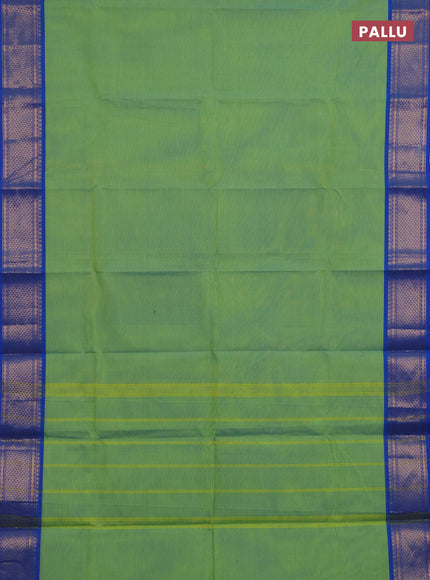 Chettinad cotton saree dual shade of light green and blue with plain body and zari woven border