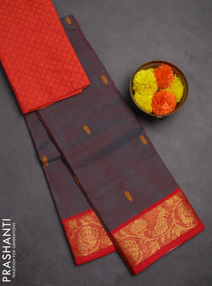 Chettinad cotton saree dual shade of peacock green and red with thread woven buttas and zari woven border