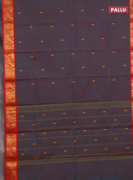 Chettinad cotton saree dual shade of peacock green and red with thread woven buttas and zari woven border