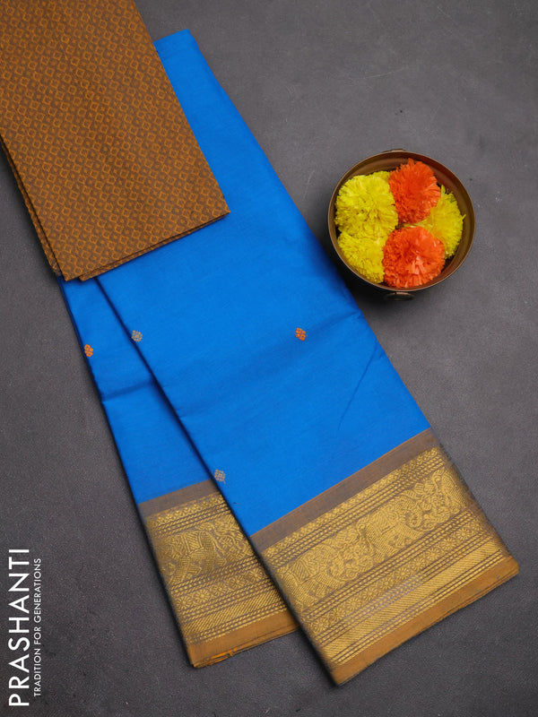 Chettinad cotton saree cs blue and mustard yellow with thread woven buttas and zari woven border